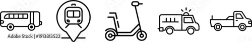 Clean vector icons of various transportation modes including bus, train, scooter, ambulance, and pickup truck. on a transparent background