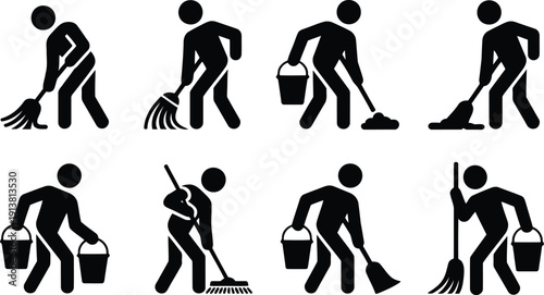 A comprehensive set of black stick people graphics illustrating various important cleaning duties