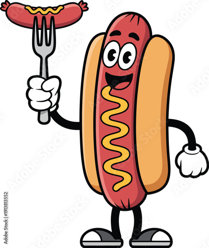 Animated hot dog character holding another hot dog with a fork food 1