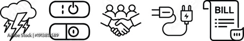 Set of vector icons for energy, power, and business concepts: storm cloud, on/off switches, handshake, plug, and bill. on a transparent background
