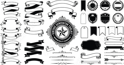 A comprehensive collection of vintage style decorative elements including elegant ribbons labels and badges perfect for classic designs