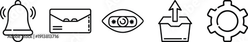 Outline vector icons for communication, notification, and settings: bell, envelope, eye with password, upload box, and gear. on a transparent background