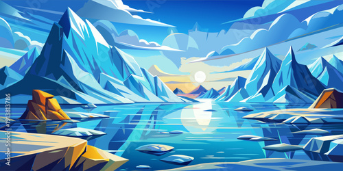 Serene arctic scene with ice formations and a setting sun.