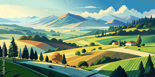 Picturesque rural scene featuring farmlands and distant mountains under a clear blue sky.