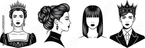 Vintage queen and princess portrait set, royal woman with crown vector, elegant lady head silhouette, majestic female characters, jewelry fashion icons