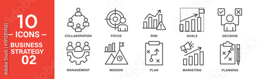 Ten line icons depict key business strategy elements: collaboration, focus, risk assessment, goal setting, decision making, management, mission definition, strategic planning, marketing