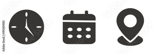 Time, date and address or location icons. Time, date and address vector collection

