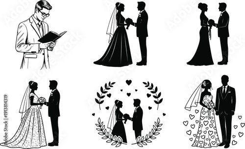 Wedding ceremony icons set, bride and groom silhouettes, marriage celebration symbols, romantic couple elements, floral wreath design, priest officiating,