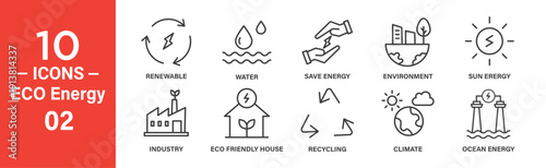Ten line icons depict renewable energy, water, energy saving, environment, sun, industry, eco house, recycling, climate, ocean energy.