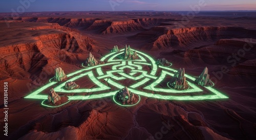 Bioluminescent Quintuple Helix Brand on a Vaste Hyperspectral Alien Desert Canyon Floor