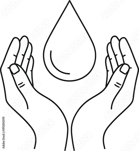 Minimalist black and white line art icon depicting cupped hands gently supporting a single, perfectly formed water droplet symbolizing conservation and purity.
