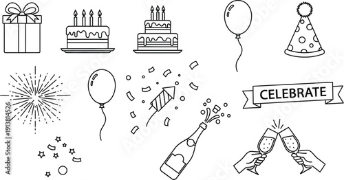 Collection of black outline icons representing various festive elements like gifts cakes balloons and celebratory toasting glasses for holidays