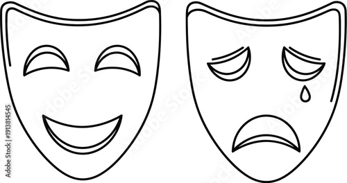 Outline illustration of the traditional theatrical comedy and tragedy masks symbolizing opposing human emotions and dramatic performance art.