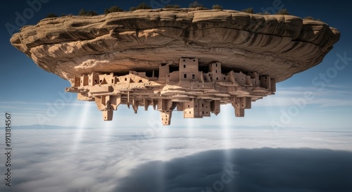 Ancient Puebloan Dwellings Inverted Below a Massive Floating Mesa Under Harsh Midday Sun