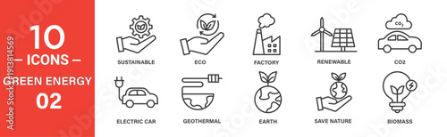 Line icons depict sustainable practices, eco-friendly energy sources (solar, wind, geothermal), electric cars, and carbon dioxide emissions.