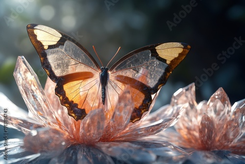 Butterfly perched on crystal-like flowers in a dreamy garden setting