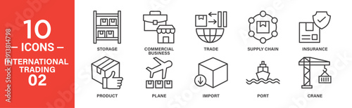 Ten line icons illustrate key aspects of international trading: storage, commercial business, trade, supply chain, insurance, product, plane transport, import, port, and crane operations.