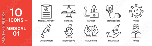 Ten line icons depict medical concepts: report, surgery, patient, stethoscope, virus, vaccination, microscope, healthcare, treatment, and a nurse.