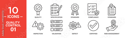 Ten line icons depict quality control processes: quality, specification, standard, compliance, inspection, validation, defect, certified, and risk management.
