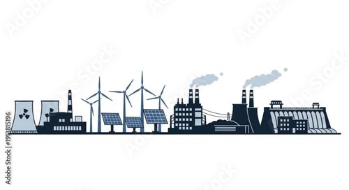Industrial landscape with wind turbines and solar panels.