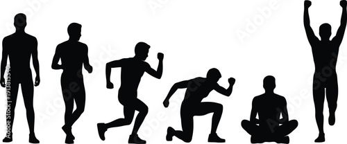 A dynamic collection of male silhouettes showcasing running standing and athletic kneeling postures