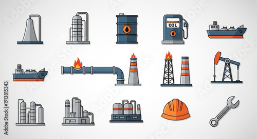 Industrial oil and gas industry equipment and infrastructure icons.