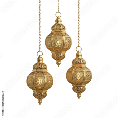 Three ornate gold-colored hanging lamps with intricate designs and chains isolated on transparent background