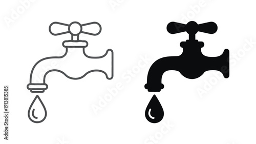A minimalist illustration of a water faucet shown in two variations side by side