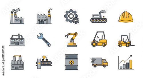 Industrial Icons Set Factory Gear Truck Forklift and Tools.