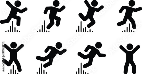 A grid of eight stick figures displaying various running, jumping, and celebratory poses against a white backdrop