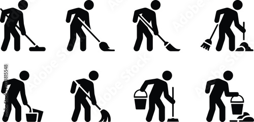 A grid of black stick figure icons shows different people engaged in various cleaning and tidying activities