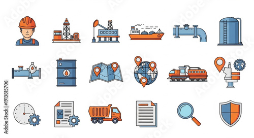 Industrial Icons Set Featuring Oil Gas Energy Transportation and Logistics.