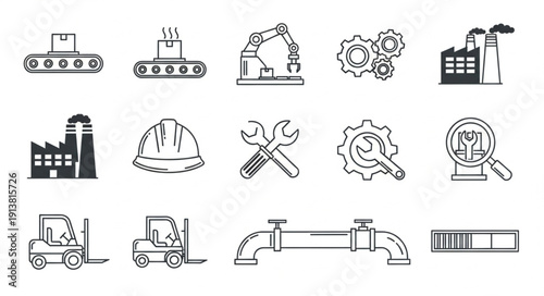 Industrial icons set for manufacturing and production processes.