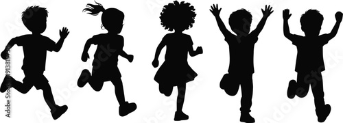A group of diverse children happily sprints and leaps through the air displaying vibrant youthful exuberance