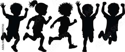 A group of five happy children silhouettes actively run and jump, expressing pure youthful excitement