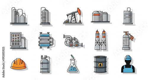 Industrial icons set oil and gas industry equipment and facilities.