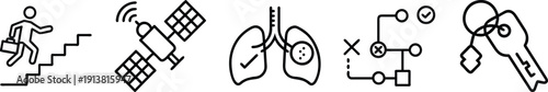 Career, Technology, Health, and Planning Icons: Stairs, Satellite, Lungs, Road Map, Key on a transparent background