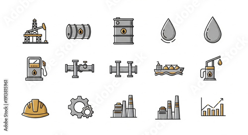 Industrial Icons Set Oil Gas Energy Industry Symbols.