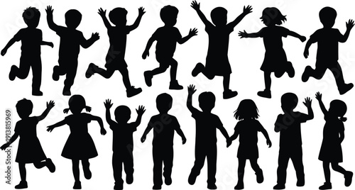 A large diverse group of children silhouettes runs, jumps, and stands playfully on a clear white space