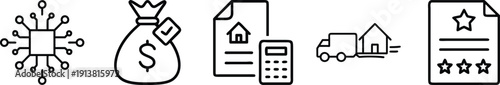 Technology, Finance, Real Estate, and Logistics Icons: Microchip, Money Bag, Property Contract, Moving Truck, Star Rating on a transparent background