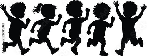 A happy formation of young children silhouettes playing together running and waving cheerfully across a bright white space