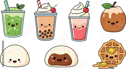 Kawaii Milkshake and Sweet Bun Food Characters Vector Art & Illustration