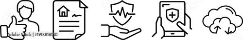 Positive Feedback and Insurance Icons: Thumbs Up, House Contract, Health Shield, Mobile App, Cloud Data on a transparent background