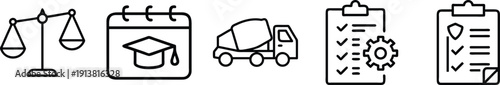 Legal, Education, and Construction Icons: Scales, Graduation Cap, Cement Mixer, Project Checklist on a transparent background