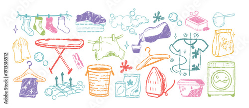 Crayon hand drawing laundry doodle icons. Kids color chalk line art set of clothes, stain detergents, washing machine, iron, baskets, household gloves, ironing board, soap bubbles or cleaning supplies