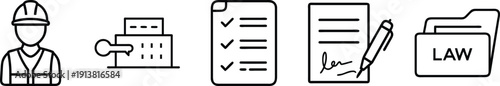 Construction and legal icons: worker, building with key, checklist, signed document, and folder labeled LAW. on a transparent background