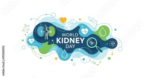 World kidney day awareness campaign illustration with kidney health symbols and colorful design elements on white background