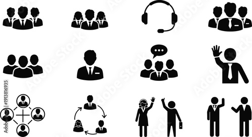 Communication and teamwork silhouette illustration set, twelve black icons business group meeting customer service collaboration design, vector artwork, professional 