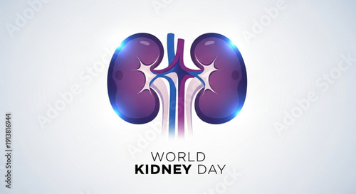 World kidney day awareness graphic with purple kidneys and ureters on white background