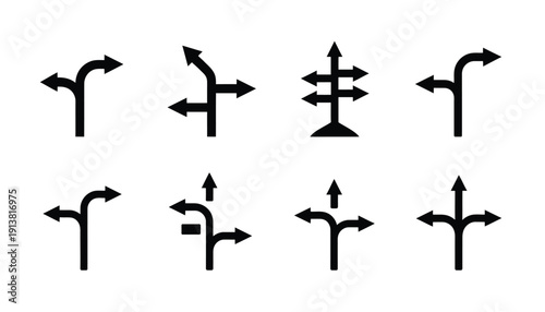Black Direction Signpost Silhouette Isolated on White Background, vector illustration of navigation and guidance symbol, road and travel signage, orientation concept, wayfinding graphic